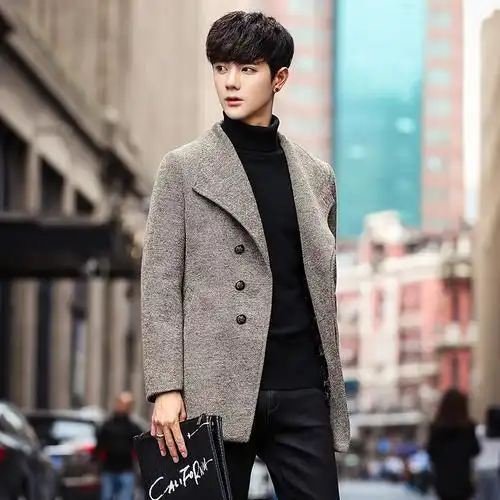 yuansu呢子风衣男短款韩版潮流帅气新款大翻领毛呢大衣男士妮子外套