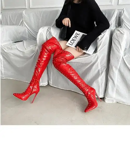 欧美外贸漆皮铆钉过膝长靴 性感细跟大腿靴尖头sm长筒靴t台表演靴