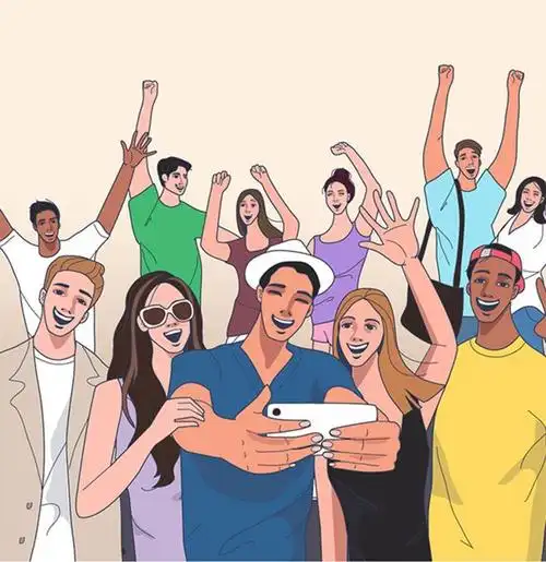 聚会活动一群人观看表演用手机进行自拍矢量插画设计素材ti013a23008