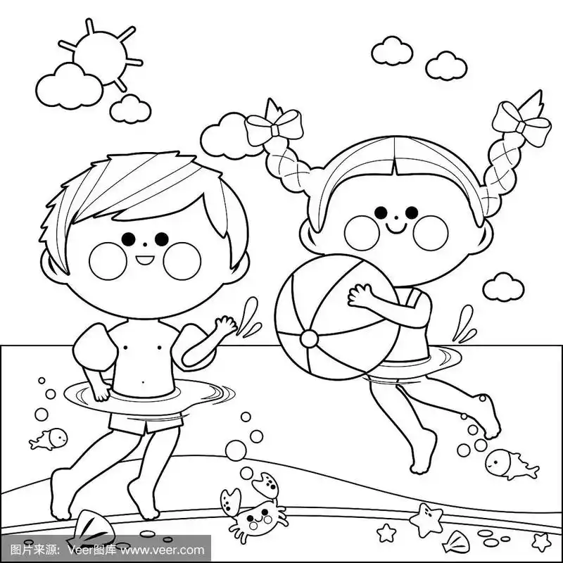 孩子们在海里游泳.黑白涂色书页