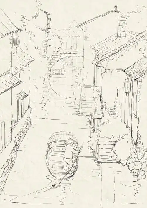 画了个水乡古镇