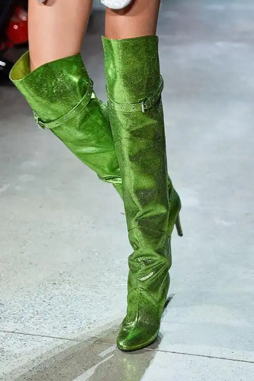 秋冬新品绿色超长靴9cm超高跟细跟尖头过膝靴长靴套筒女靴时装靴