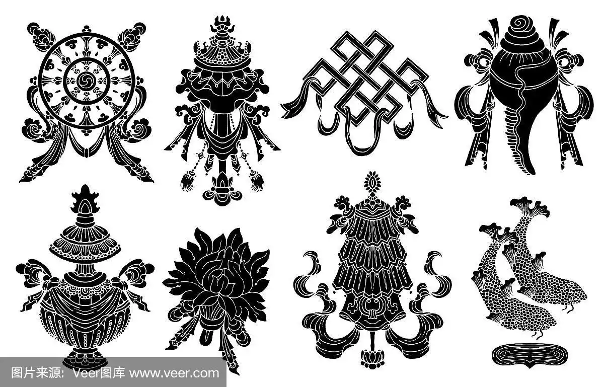 设计集八个黑色剪影佛教吉祥符号孤立在白色.