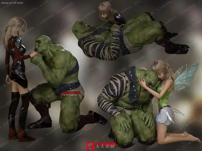 怪物兽人与女同伴多组打杀姿势动作3d模型