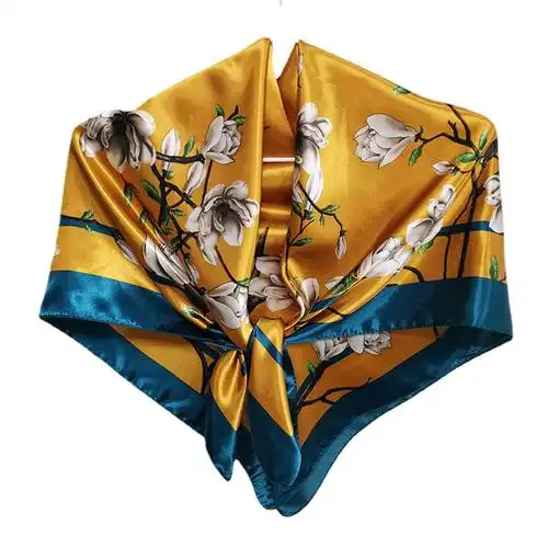 金色海棠花方丝巾批发90方巾一件代发杭州丝绸围巾女款绑包包丝带