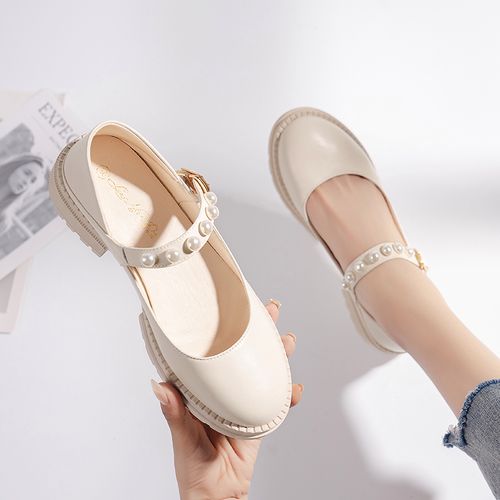 法式晚风配裙子气质单鞋通勤今年流行的女鞋粗跟珍珠白色玛丽珍鞋