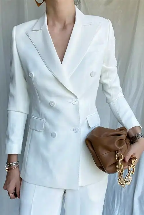 白色双排扣高级感炸街西装套装女夏职业时尚两件套大码直筒裤春秋