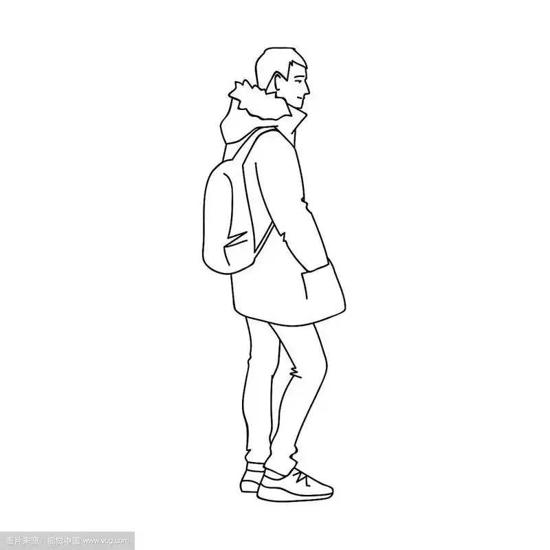 男人在温暖的夹克牛仔裤和运动鞋侧视图