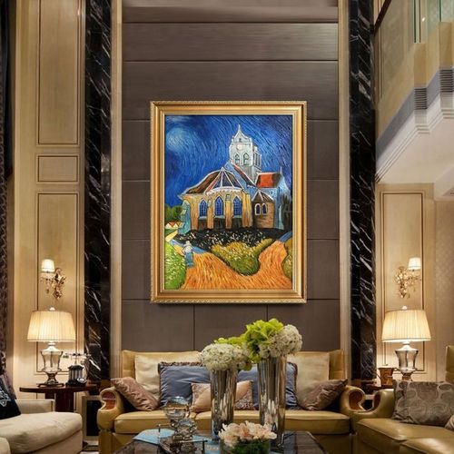 梵高奥维尔教堂 纯手绘油画轻奢壁画欧式挂画美式餐厅玄关装饰画