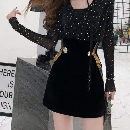 高腰a字裙半身裙女丝绒短裙2018春季新款修身显瘦气质女裙子收腰黑色