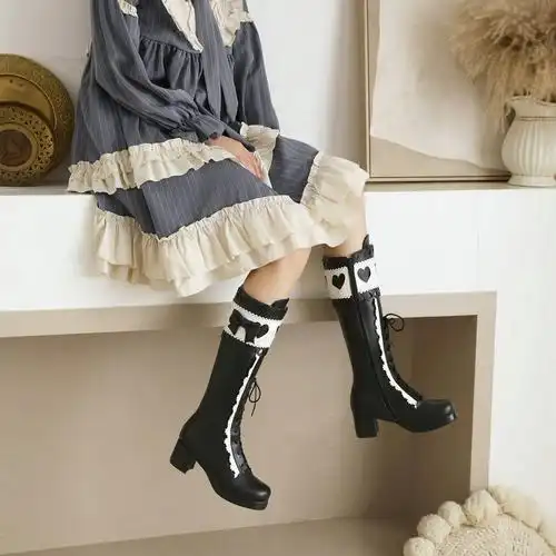 秋冬女靴lolita洋装靴粗跟高跟公主靴蝴蝶结爱心花边洛丽塔高筒靴