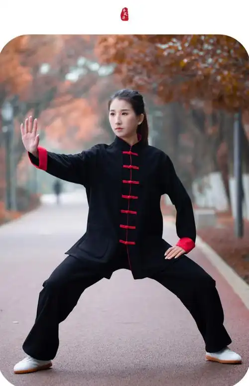 wnhc太极服女秋冬季新款加厚绒棉麻太极拳冬装练功服男2022时尚黑色