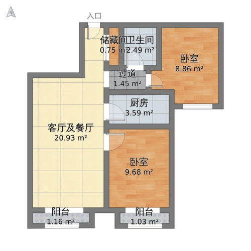 北京市大兴区 住总万科橙2室2厅1卫 66m05-v2户型图 - 小区户型图