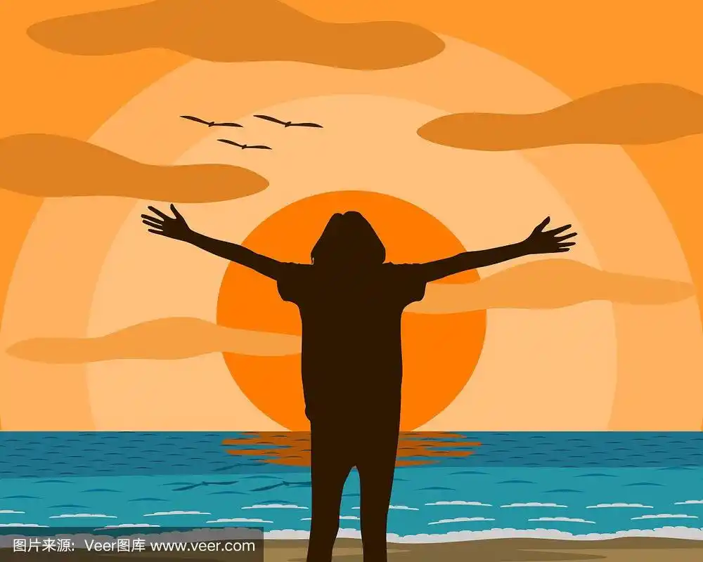矢量插图的一个女人是站着伸开双臂感觉解放的心情和快乐的海滩.