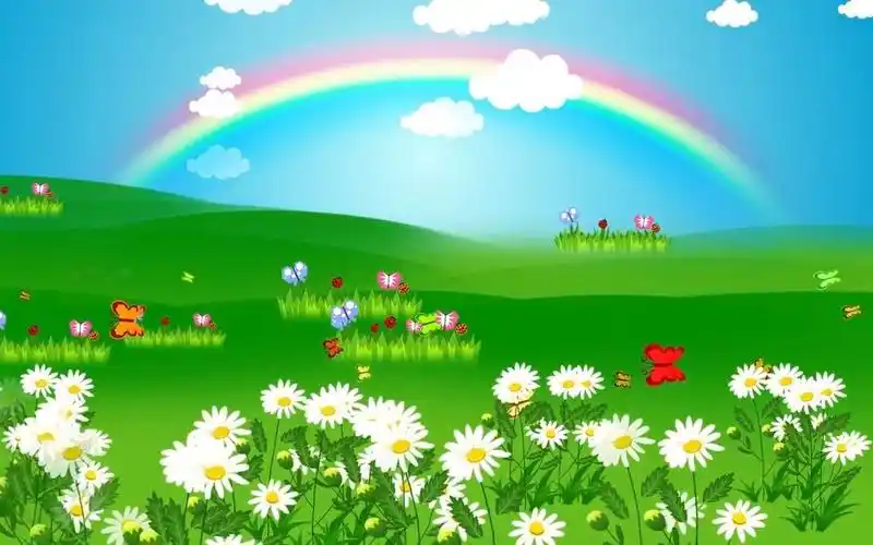 y1036 小小的花园挖呀挖呀挖 歌曲配乐 唯美蓝天白云花朵彩虹绿色草地