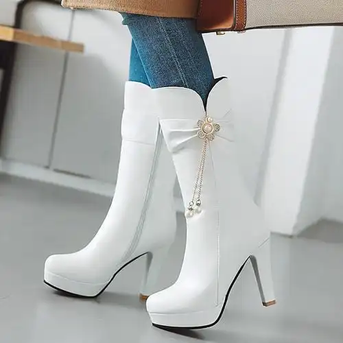 2018新款时尚白色高跟中筒靴女春秋冬季加绒拉链瘦腿靴高筒长靴子