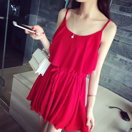 夏装新2015韩版气质淑女百搭圆领荷叶边吊带抽绳雪纺连衣短裙女