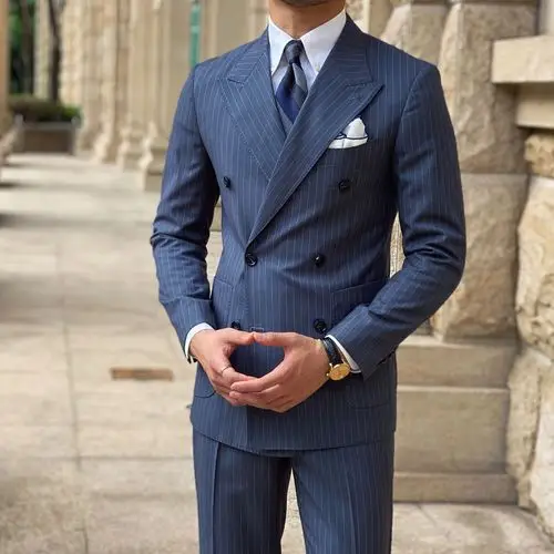 鹿三先生绅士修身商务羊毛双排扣条纹西服男士正装宴会服装时尚潮