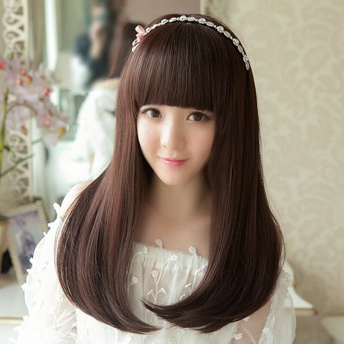 假发女中长梨花头齐刘海内扣直发韩国发型蓬松修脸自然逼真长直发