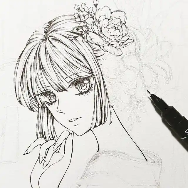 二次元线稿图片大全,二次元女孩黑白线稿图 - 高光网