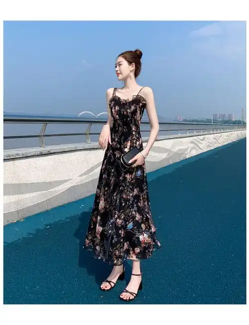 【女装新款】夏装2021新款碎花雪纺连衣裙法式吊带裙长裙修身显高显瘦