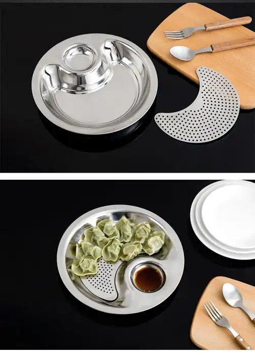 超级新品 实用不锈钢饺子盘带醋碟水饺盘子家用日式餐具沥水托盘分