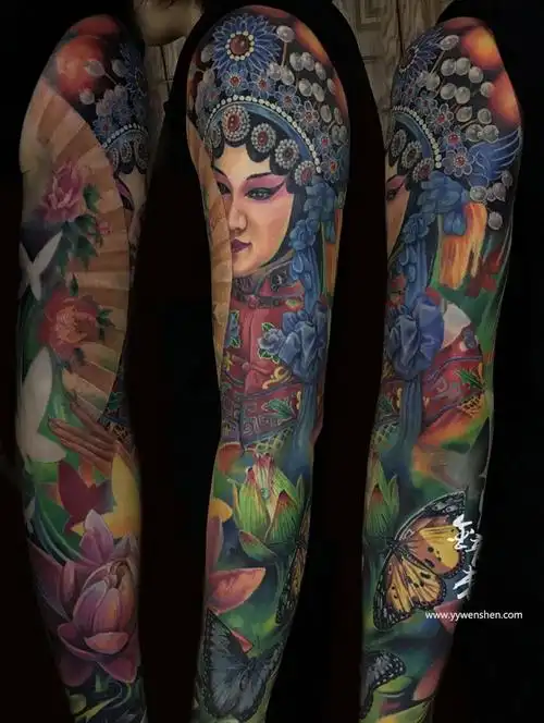 韩金龙彩色写实花旦花臂荷花纹身刺青图案作品