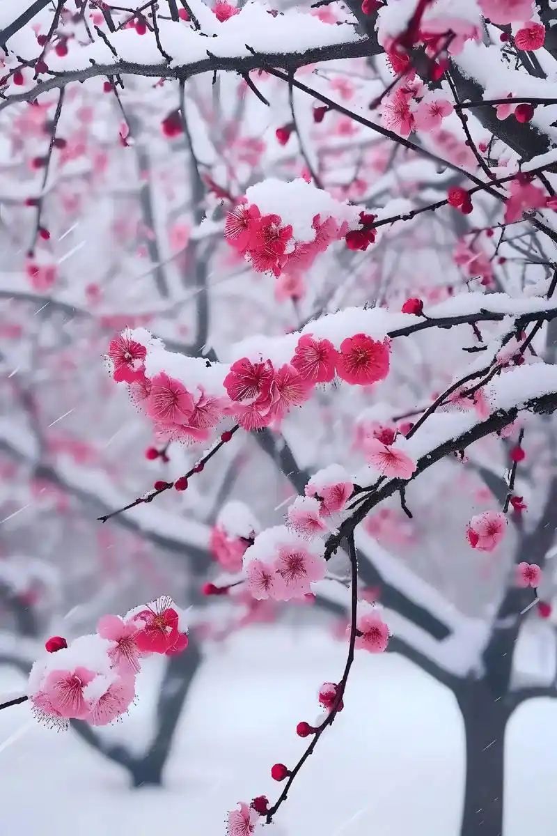 雪中梅花,清香四溢,白雪如钻石洒落.冬日的飘雪,犹如跳跃的精 - 抖音