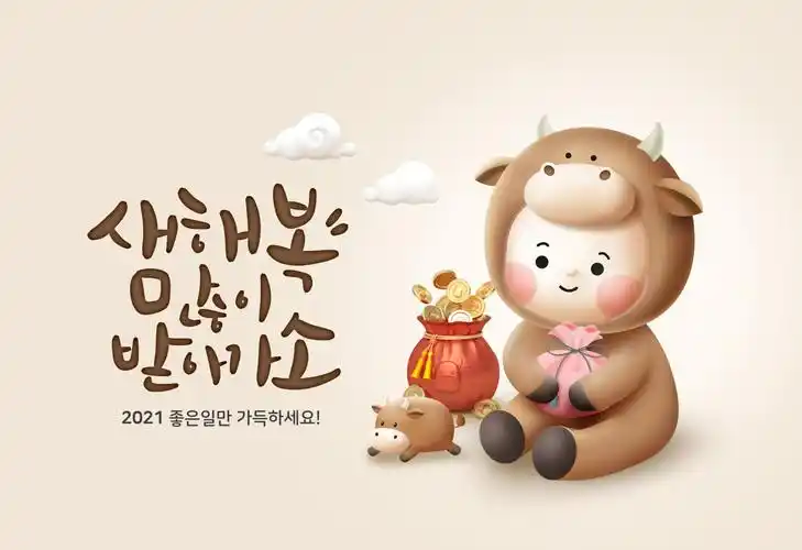 2021新年农历牛年春节海报贺卡卡通牛插画ps设计素材vector