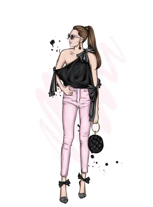 6款穿着时尚服装的卡通女人矢量插图