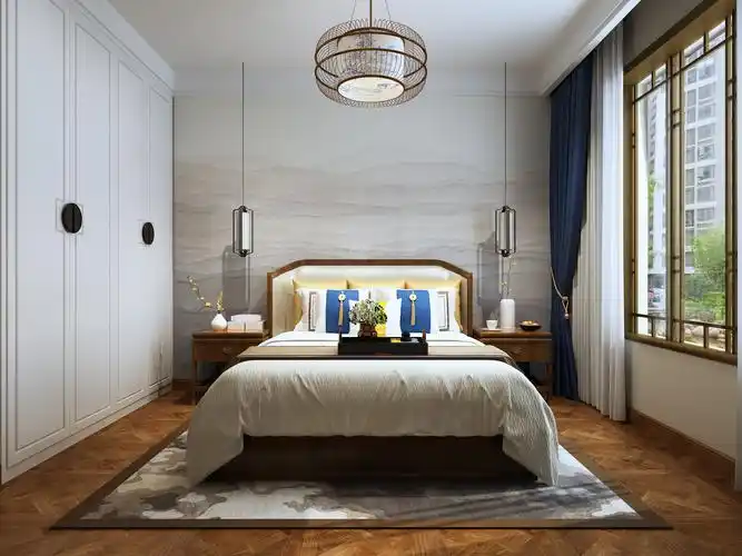天山熙湖 新中式 卧室效果图靛蓝与水墨灰糅合,木质与瓷具搭配,棉麻与
