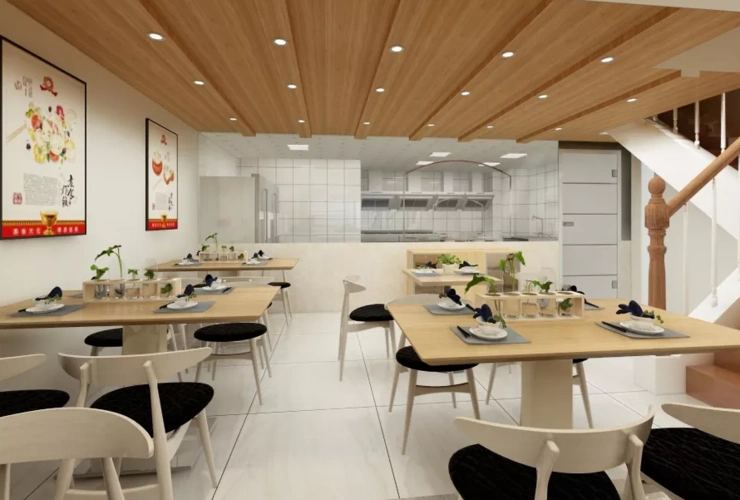 所以饺子馆采用暗红色桌子和明亮的大厅色彩的装修设计,主要是为了