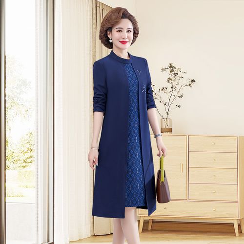 妈妈装气质圆领拼接假两件连衣裙时尚中老年春秋装遮肉显瘦中长裙