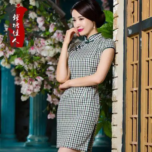 钱塘佳人春秋旗袍连衣裙时尚格子设计棉麻舒适修身知性韵味包邮