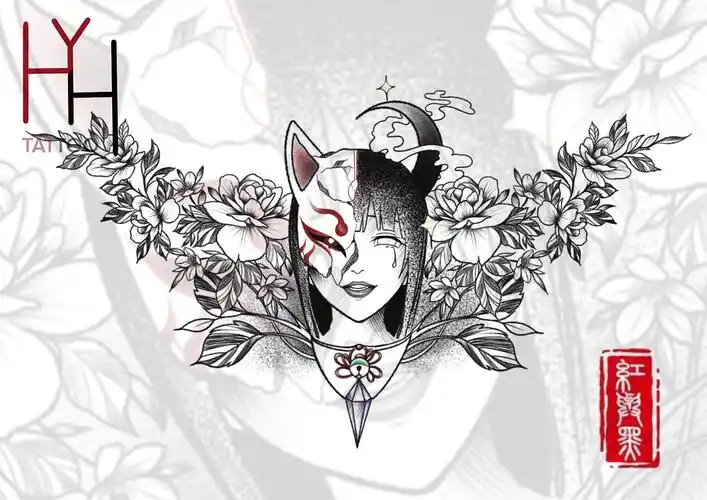 素花狐面花胸纹身手稿