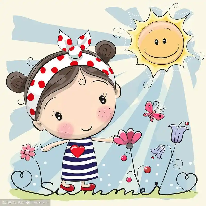 卡通女孩在鲜花盛开的草地上