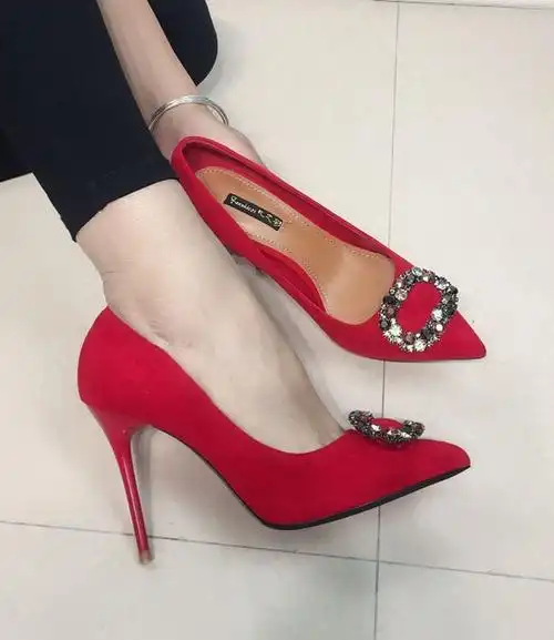 欧洲站2018新款尖头红色高跟鞋细跟气质方扣水钻单鞋