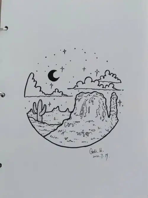 戈壁系列风景简笔画黑白线描画手绘线稿