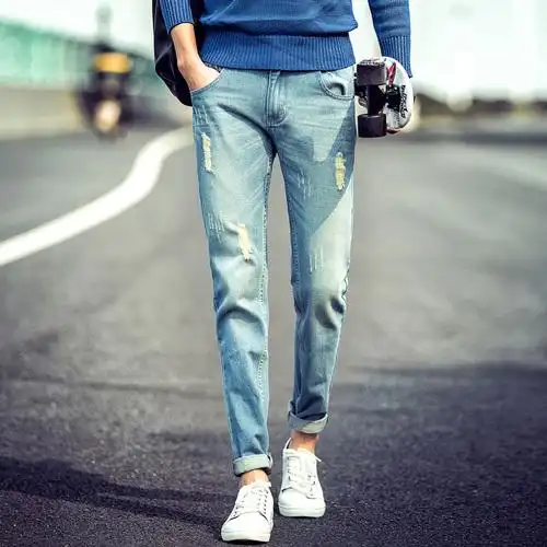 秋冬款裤子男潮流韩版浅色牛仔裤男小脚裤男士修身型青年直筒长裤