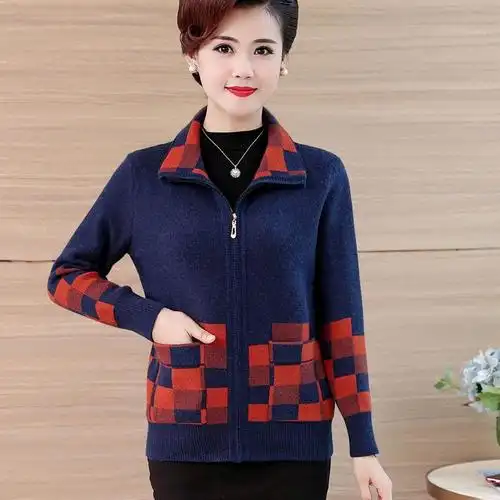 妈妈秋装毛衣外套中年妇女4050岁开衫中老年人翻领中老年女装