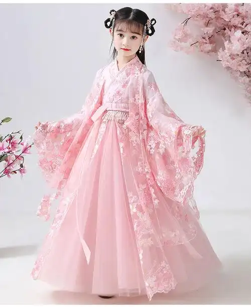 儿童中国风超仙连衣裙古风女童公主襦裙唐装女孩新款古装粉色裙子120