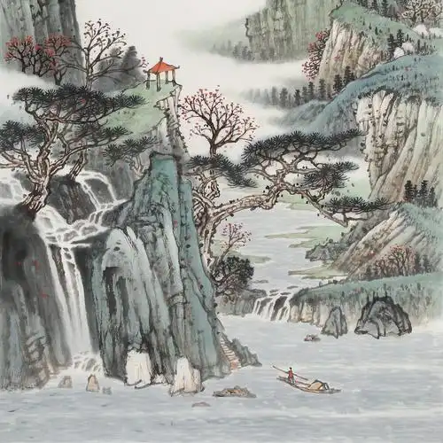 廖崧越 四尺三开《隔溪春色两三花》 广西桂林美协会员 - 写意山水画