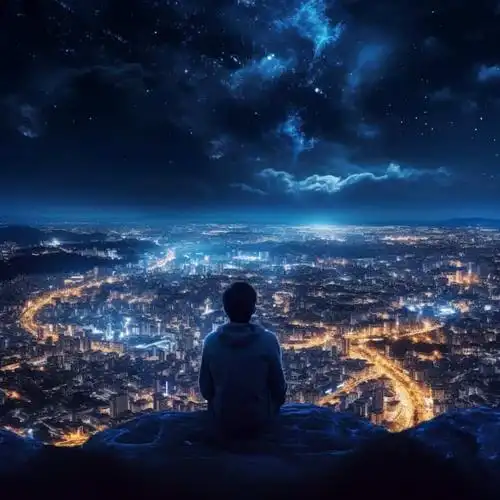 深夜男人山顶独自面对城市喧嚣灯火男生背影头像 ai孤独感星空下失恋