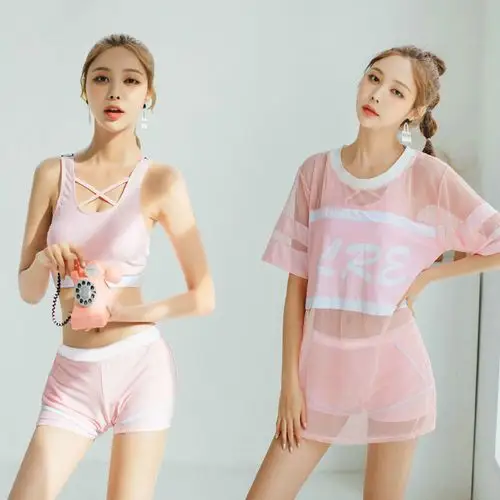 新款保守学生韩版分体性感比基尼三件套温泉泳装 6194 少女粉四件套 m