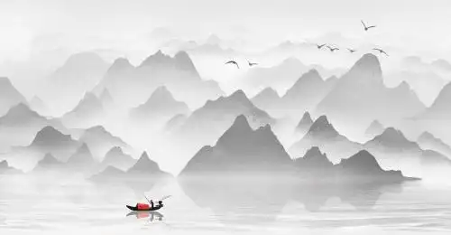 中国风水墨黑白意境山水画