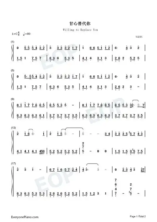 甘心替代你-c调简单版-中国医生插曲双手简谱预览1