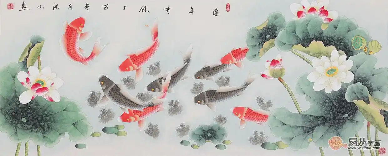 张洪山最新六尺横幅九鱼聚财图《连年有余》