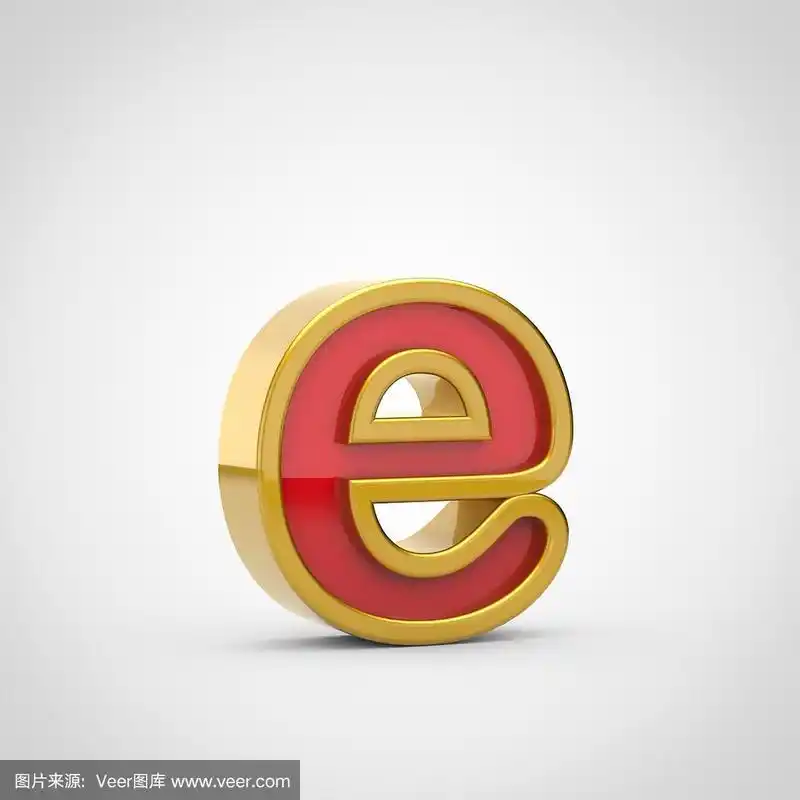 光滑的红色小写字母e,金色轮廓孤立在白色背景上.