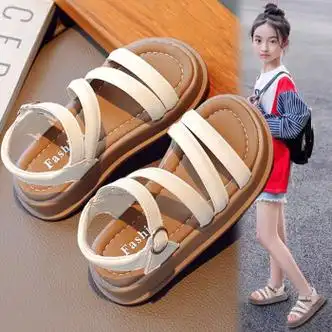 fqaq儿童凉鞋女童夏季时尚年新款软底罗马鞋女孩中大童凉拖沙滩鞋米色