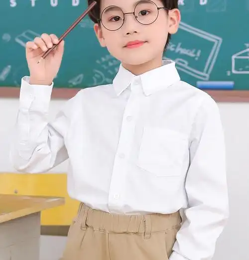 儿童白衬衫男童女童秋冬加绒长袖棉白色衬衣棉学生表演出校服白色福利